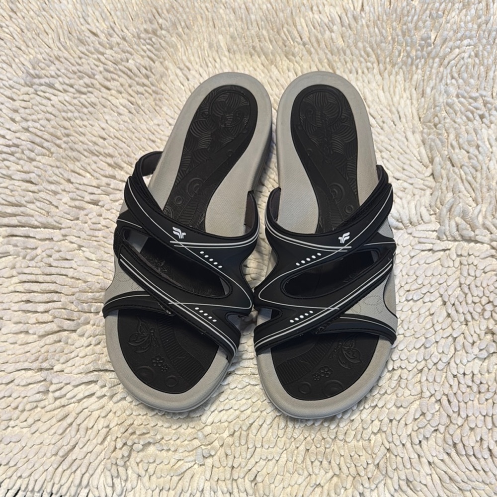 Women's Black and Gray Slide Sandals with Crisscross Straps
